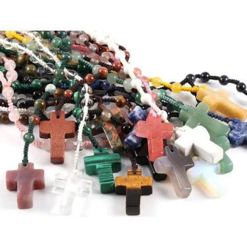 Ethnic Necklace Trendy Bohemian Jewelry Agates Necklace Natural Stone Crystal Beads Cross Pendant Long Necklaces for Women Gift