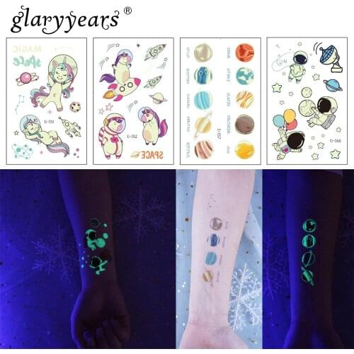 Glaryyears 1 Sheet Kids Temporary Tattoo Sticker Luminous Fake Space Series Flash Waterproof Fashion Small Body Art For Child