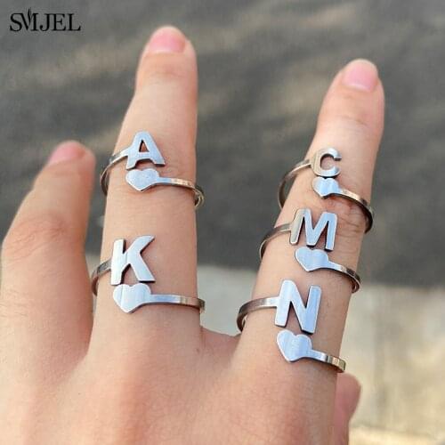 Trendy Tiny Heart Initial Rings Stainless Steel A-Z 26 Letters Initial Cuff Rings for Women Men Wedding Jewelry Adjustable Size