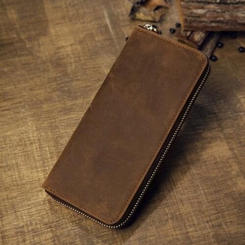 Handmade cowhide long zipper crazy horse leather wallet simple youth leather handbag mens retro casual mobile phone bag