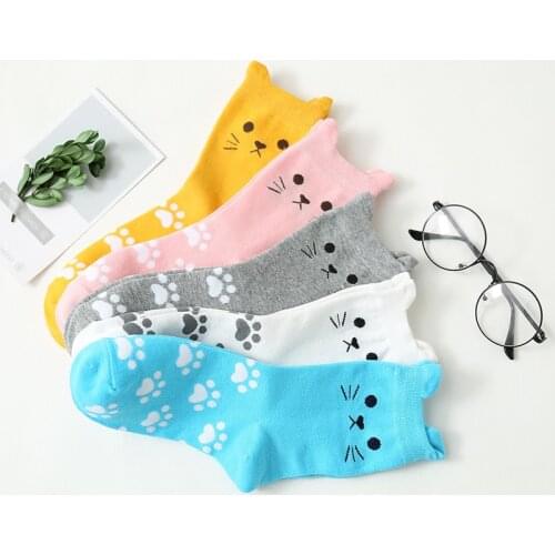 Colorful Polka Dot Owl Footprint Cat Edge Erect Ears Cute Harajuku Women Socks Happy Casual Comfortable Soft Cotton Socks Autumn