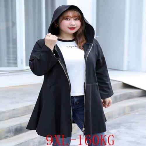 Large Size Hooded Jacket 5XL-9XL Large Size Womens Bust 148CM Zipper Embroidered Pocket Long Sleeve Stitching A Line Hem Jacket