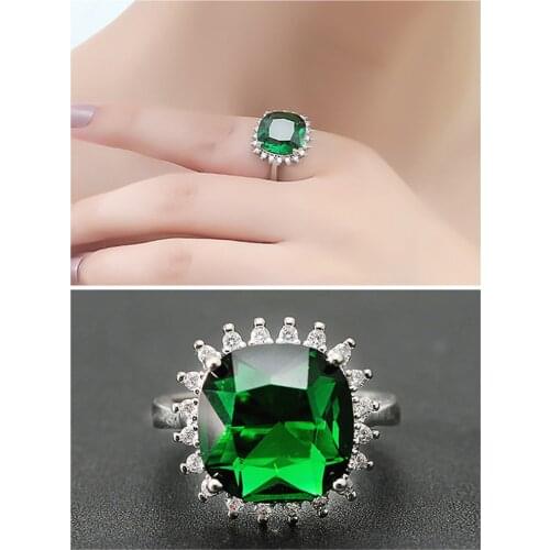 Fashion square green crystal emerald gemstones diamonds rings for women white gold silver color jewelry bijoux bague party gifts
