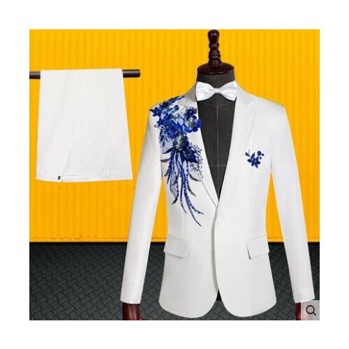 Chorus blazer men suit set with pants mens wedding suits slim Sequins formal dress mens groom suit white singer stage clothes