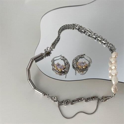 New Fashion Metal Punk Irregular Freshwater Pearl Necklace Chain Inlaid Zircon Earrings Female Personality All-match Jewelry