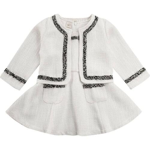 1-6Y Toddler Child Kids Baby Girls Clothes Set Printed Jacket Coat + Sleeveless A-Line Dress Foraml Party Outfit Sets White