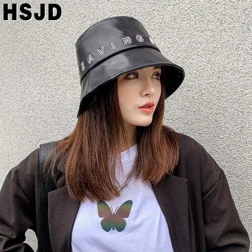 Fashion Letter Embroidery Leather Bucket Hat Autumn Winter Womens Hats Hip Hop Cap Wide Brim Panama Female fishermans hat bob