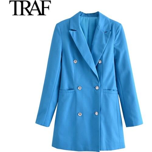 Traf Za Clothes Fall Jacket for Women 2021 Blue Suit Blazers Artificial Gem Double Breasted Coat Chic Office Lady Tops Mujer