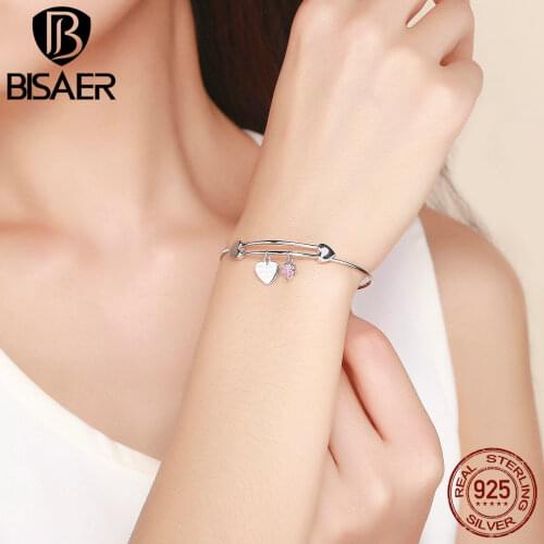 BISAER Hot Sale 925 Sterling Silver Love Heart Dangle Women Bangle Adjustable Bracelets for Women Sterling Silver Jewelry ECB124