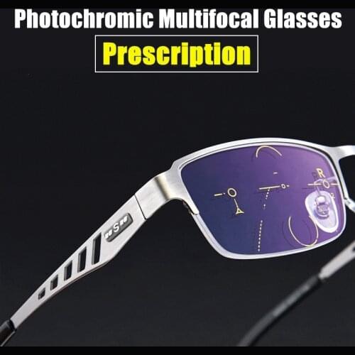 Prescription Glasses MultiFocal Progressive Reading Glasses Men Photochromic Anti Blue Metal Half Frame Customizable