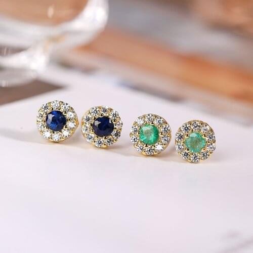 S925 gold-plated inlaid natural emerald sapphire stud earrings simple and fresh elegant womens earrings