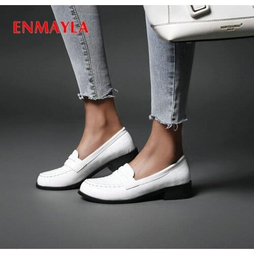 ENMAYLA Square Heel Basic PU Casual Pumps Women Shoes Slip-On Round Toe Rubber Spring/Autumn Leisure Women High Heels 34-43
