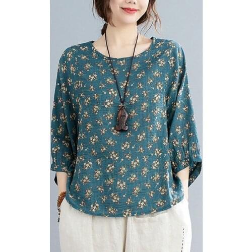 Women Summer Cotton Linen Casual T-shirts New Arrival 2021 Simple Style Vintage Floral Print Loose Female Tops Tees S4023