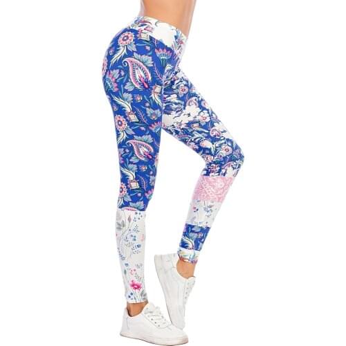 Zohra Sexy Women Blue Floral Stitching Printed Fitness leggins Fashion Slim legins High Waist Leggings Pants