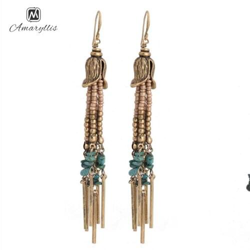 Amaiyllis Vintage Seed Beads Multilayer Tassel Earrings For Women Ethnic Stone Metal Bar Beaded Maxi Statement Earrings Brincos