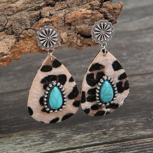 Leopard Print Leather Bohemia Turquoises Earrings Vintage Waterdrop Dangle Inlay Green Stone Earrings For Women Fashion Jewelry