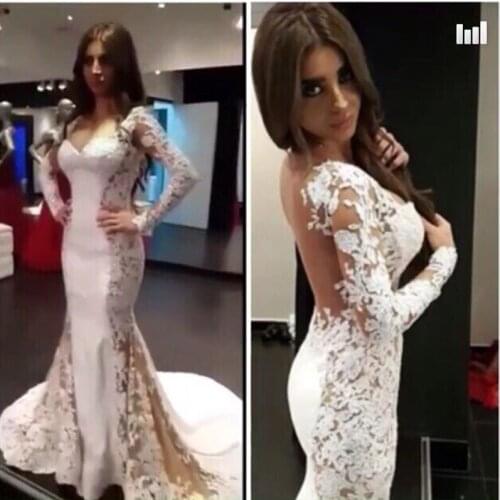 White and Champange Jewel Appliqued Lace Long Sleeve Sheer Back Mermaid Design Evening Party gown Mother of the Bride Dresses