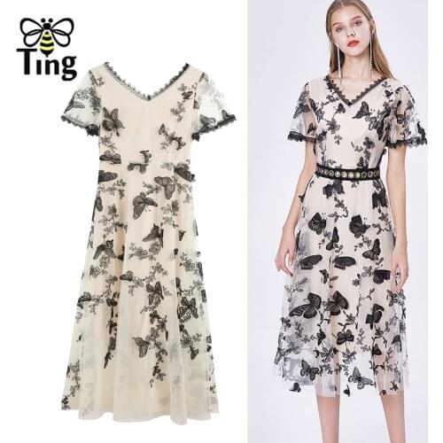 Tingfly Vintage Elegant Embroidery Butterfly Appliques Summer Dress Fashion Casual Midi Long Boho Dress Vestidos Female Robes Za