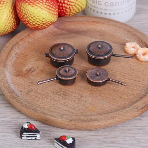 1Set 1:12 Dollhouse Mini Kitchen Utensil Cooking Pot Boiler Frying Pan Copper Pot Lid