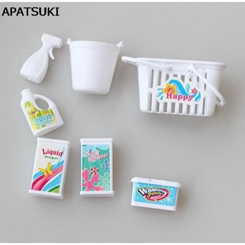 7pcs/lot Mini Doll Accessories For Barbie Doll House Plastic Washing Agents Bucket Basket Case Kids Playhouse Educational Toy