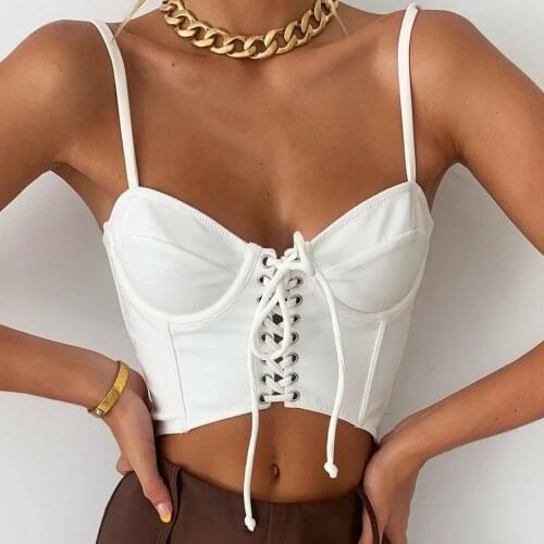 90s Sexy Sweet White Cross Lace Up Corset Top Women Camisole Y2k Crop Tank Tops Sleeveless Clubwear Party Top Mujer Summer 2021