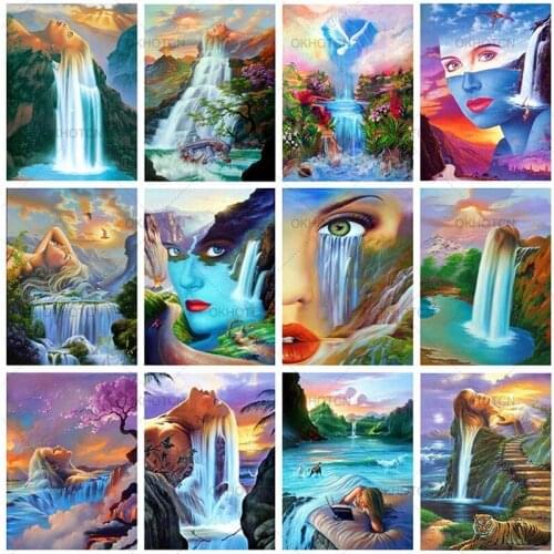 5D Diy Round Diamond Embroidery Waterfall Diamond Painting Natural Scenery Full Square Drill Cross Sew Kit Art Home Decor