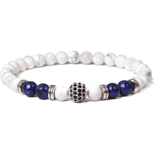 6mm Trendy White Turquoises Beads Bracelet Natural lapis lazuli Stone Beaded Round Ball Charm Bracelet for Women Men Jewelry