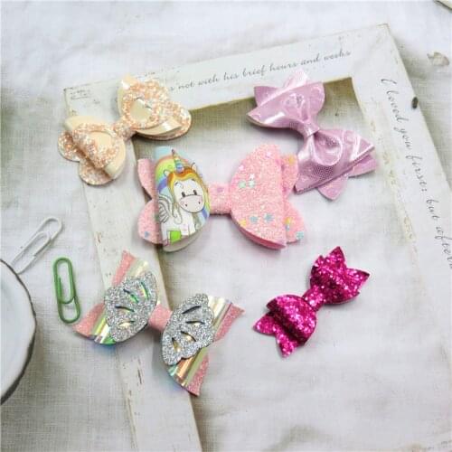 5PCS/SET Pretty Pink Unicorn Baby Girls Clip Leather Bows Childs Tie Knot Creativity Handmade Hairpins Hair Accessories For Kids