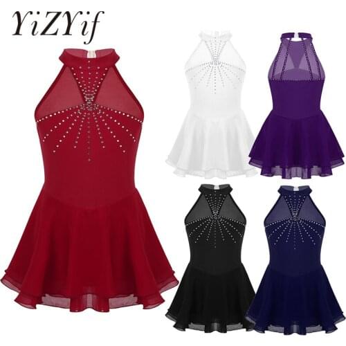 Kids Girls ballet Sleeveless Halter Sparkly Rhinestone Mesh Splice Figure Ice Skating Roller Skating Dance Leotard Ballet Dress