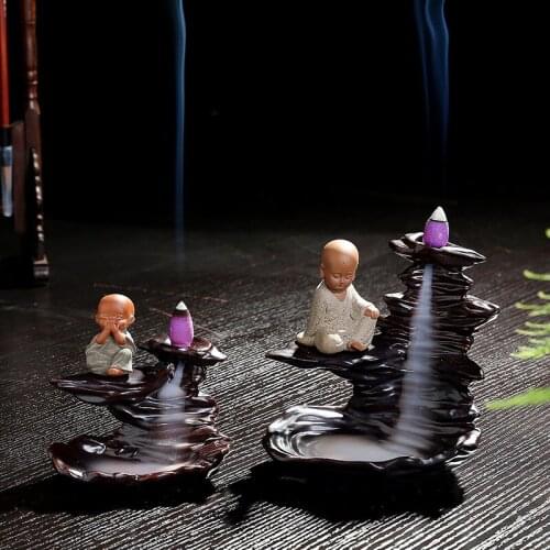 Home Decoration Creative Incense Burner The Little Monk Blackflow Incense Cones Burner Smoke Ceramic Censer Burner