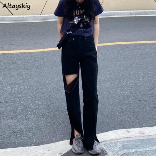 High Waisted Jeans Women Chic Boyfriend BF Hole Design Vintage Girls Bottom Summer All-match Black Simple Teens Streetwear Basic