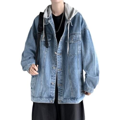 Preppy Style Hooded Jackets Men Autumn Vintage Streetwear Cowboy Outerwear Solid Color Pockets Casual Long Sleeve Denim Coat