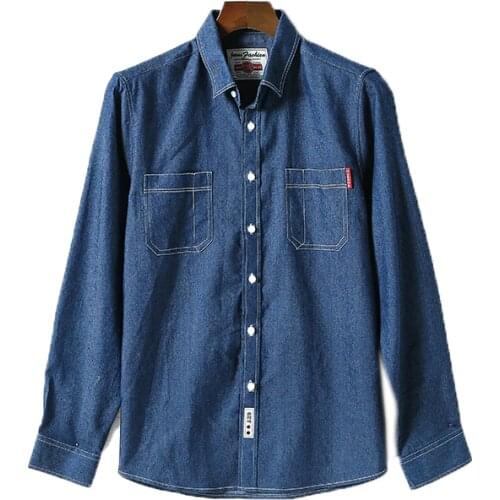 Mens New Denim Long Sleeve Pocket Shirt Classic Business Office Design Casual Work Clothes High Quality Denim Menswear