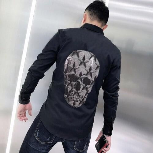 Skull Style Hot Diamond Rhinestone Mens T-Shirt Lapel Spring Cotton Business Simple Long-Sleeved Classic