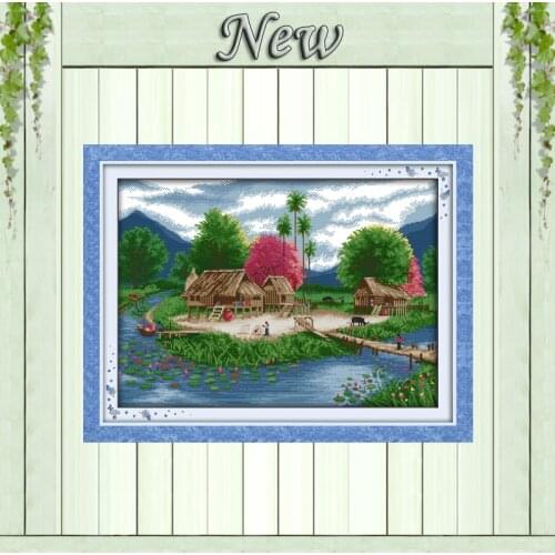 Spring lakeside,Counted Print on canvas DMC 11CT 14CT Cross Stitch kit,needlework Set embroidery,Countryside Scenery Home Decor