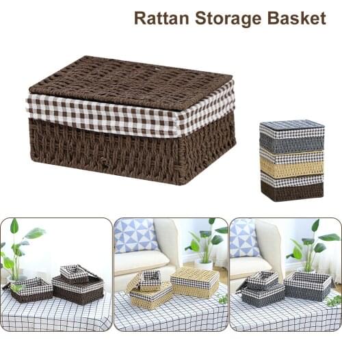 Rattan Wicker Storage Basket Desk Storage Box with Lid Home Organizer Decoration Cosmetic Storage Box Household Office Supplies