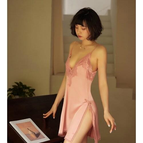 Sexy Lingerie Nightgown Women Sleepwear Deep V Lace Ice Silk Beauty Back Strap Night Dress Temptation Home Clothes Dropshipping