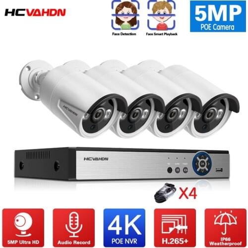 HCVAHDN 4K 4CH Audio Record POE NVR 5MP Security Camera System Day/Night IR Outdoor Waterproof CCTV Video Surveillance NVR Set