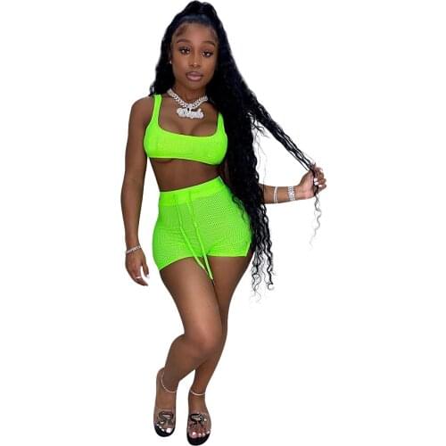 Casual Sheer Mesh Tracksuit Women Shorts Suits Sexy Drawstring Sleeveless Crop Top + Biker Shorts Two Piece Set Jogging Femme