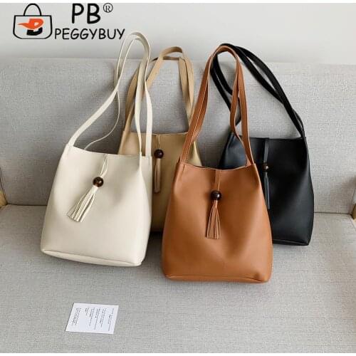 Retro Women Shoulder Bags Fashion Tassel PU Leather Pure Color Classic Ladies Bucket Tote Shopping Ladies Handbags