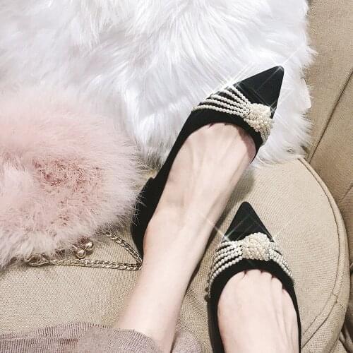 Womens shoes 2021 new splicing flat shoes Korean version of pearl pointed toe all-match leather suede single shoes women