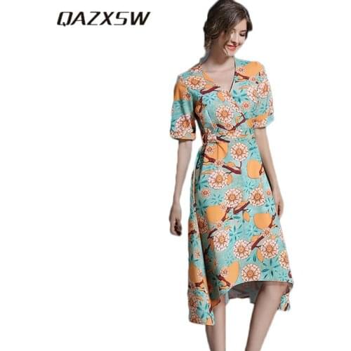 QAZXSW New Women Dress Spring 2018 Printing Flower Irregular Women Party Dresses V-Neck Summer Kimono Render Dress Vestido HB613