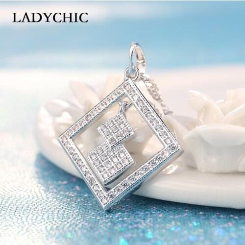 LADYCHIC Women Trendy Zircon Chain Necklace Silver Color Hollow Square Pendant Necklace Girlfriend Birthday Jewelry Gift LN1016