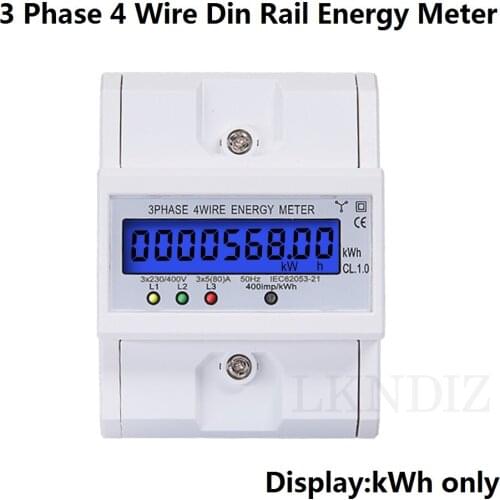 3 Phase 4 Wire Din Rail Electronic Watt Power Consumption Energy Meter Wattmeter kWh 5-80A 380V AC 50Hz LCD Display