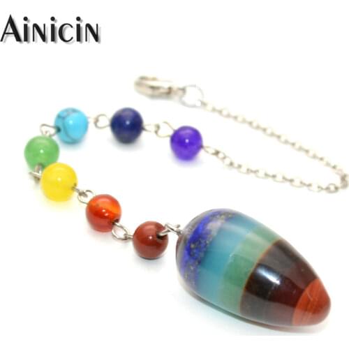 7 Colors Water Drop Pendulum of Soul Dowsing Healing Chakra Natural Semi-precious Stone Pendant 19cm long
