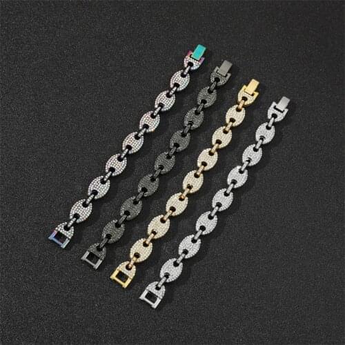 18MM Coffee Bean Link Rhinestone Bracelets for Men Hip Hop Fashion Punk Chain Bling Bling Charms Cuban link Chain Pulseras