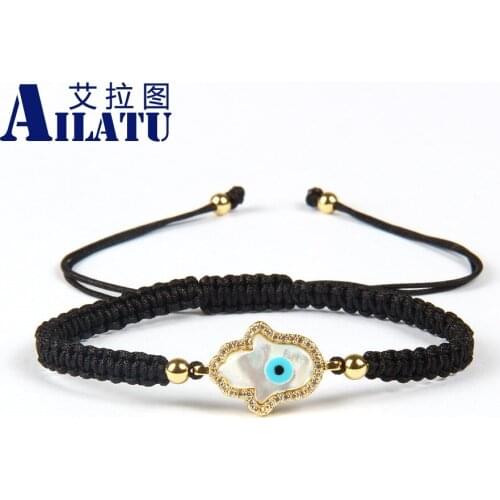 Ailatu Brand Religious Symbols Micro Paved Blue Cz Eye Fatima Hand Hamsa and Shell Turkish Lucky Eye Macrame Bracelet