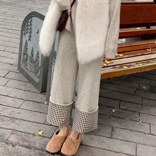 High Waist Trousers Women Woolen Pants Autumn Winter New Fashion Female Thick Wide Leg Pant Plaid Cuffs Pantalon Casual