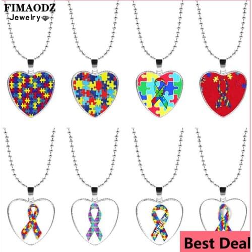 FIMAODZ Autism Awareness Hope Necklace Puzzle Pieces Ribbon Glass Art Photo Love Heart Pendant Necklace Kids Women Gift