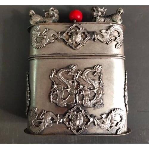 China archaize White copper dragon phoenix Toothpick box crafts statue